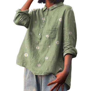 Imagem de Camiseta feminina de linho, estampa de flores, manga comprida, gola lapela, botões, blusa folgada, casual, Verde, P