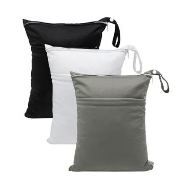 Imagem de babygoal Pacote com 3 sacos de viagem impermeáveis e reutilizáveis para roupas de banho, fraldas de pano de bebê, praia, piscina, bolsa de ginástica e roupas molhadas com 2 bolsos L-BWG