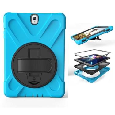 Imagem de Capa de silicone com suporte e alça de pulso giratória, segura para crianças, à prova de choque, para Samsung Galaxy Tab S3 SM-T820 T825 9,7 polegadas + caneta (azul claro)