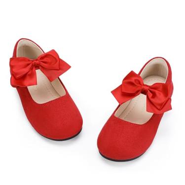 Imagem de PANDANINJIA Sapatos sociais infantis com laço Mary Jane Sapatilhas de balé para crianças, festa de casamento, uniforme, sapatos de igreja, J Camurça vermelha, 18