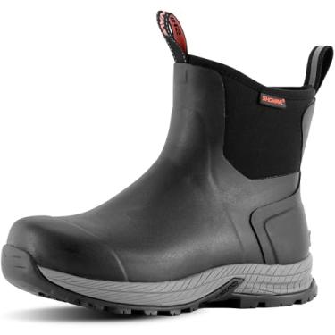 Imagem de Showave Botas de chuva masculinas impermeáveis de borracha para excursão, botas de lama isoladas para trekking, jardinagem, agricultura, acampamento, pesca e trabalho, Preto, 38