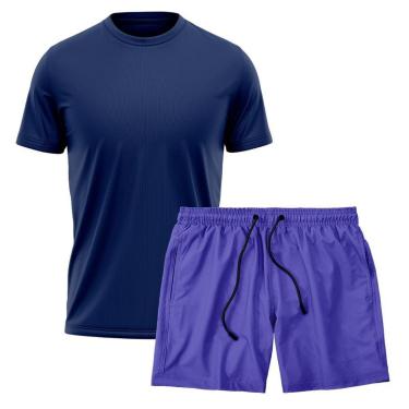 Imagem de Kit Short Praia Academia Passeio Treino Azul + Camiseta Manga Curta Masculina-Masculino