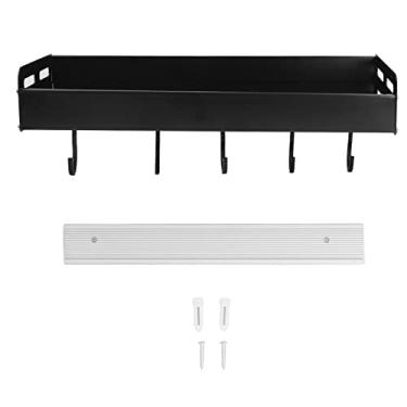 Imagem de Prateleiras de Parede Flutuantes de Alumínio Preto Com 5 Ganchos para Organização que Economiza Espaço Em Cozinha e Banheiro (30cm de comprimento preto)