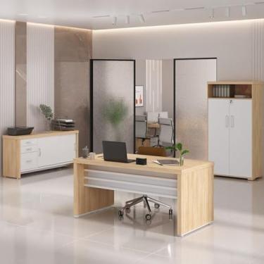 Imagem de Kit 3 Peças com Mesa para Escritório Diretor em Tamburato 1600, Armário com Nicho e Balcão com Gavetas Carvalho/Branco