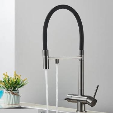 Imagem de Torneira de filtro de água de cozinha de ouro escovado, torneira misturadora de água potável dupla, torneiras de purificação de água de rotação, cinza A