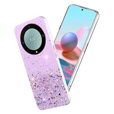 Imagem de Yarxiawin Capa de telefone para Honor Magic 6 Lite, design brilhante com glitter para Honor Magic 6 Lite, capa fina de silicone transparente macia estética rosa fofa para mulheres e meninas (roxa)