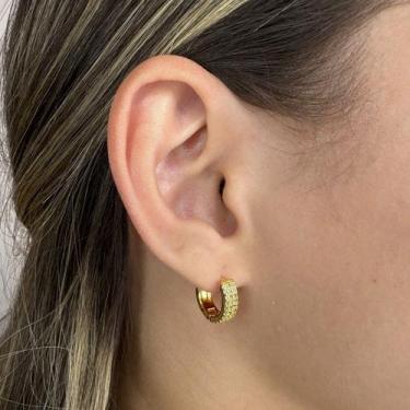 Imagem de Brinco Argola Média com 3 Fileiras de Zircônia Banhado em Ouro 18k - A