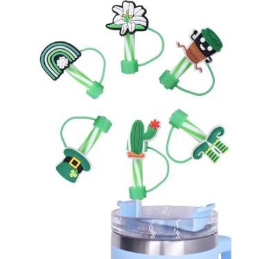 Imagem de Capas de palha de café com chapéu verde fofas adequadas para copos Stanley de 30 e 1,134 g com alça, 6 peças de tampas de palha à prova de poeira de 10 mm para acessórios de copo Stanley