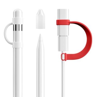 Imagem de DTTO Pacote com 4 acessórios de silicone para Apple Pencil 1ª geração, acessórios de proteção antiperda incluem suporte de tampa de lápis, capa de ponta, cabo adaptador de cabo, branco/vermelho