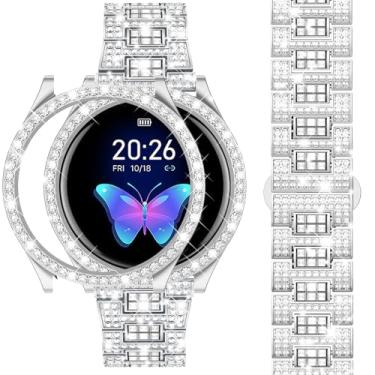 Imagem de Dsytom Pulseiras compatíveis com Samsung Galaxy Watch 5/4 de 40 mm e 44 mm, pulseira de substituição de metal brilhante de 20 mm Galaxy Watch 5 Watch 4 de 40 mm e 44 mm com capa protetora de strass para mulheres e meninas (44 mm, prata)
