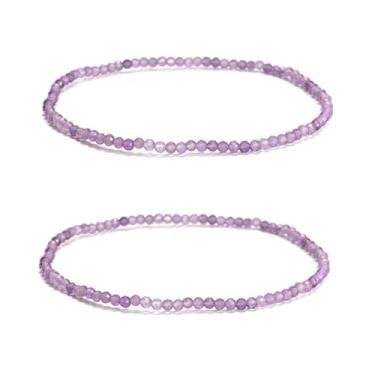 Imagem de 2 peças/conjunto de pulseiras modernas de cristal ametista roxa natural de 2 mm, pulseiras de contas elásticas redondas facetadas para mulheres e homens