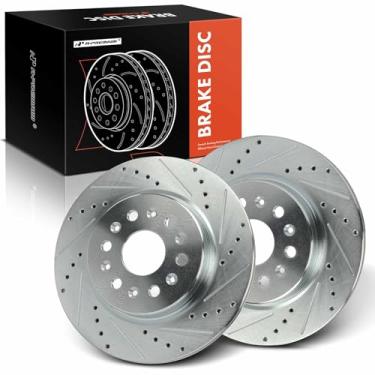 Imagem de A-Premium Rotores de freio a disco traseiro perfurados e ranhurados de 315 mm compatíveis com modelos selecionados Chevrolet, GMC, Buick e Cadillac - Traverse 2018-2023, Blazer, Acadia, Enclave, XT5,