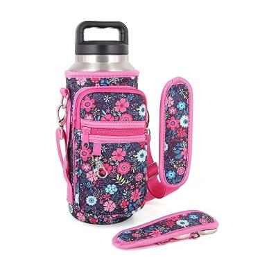 Imagem de AJLTPA Suporte de garrafa de água com alça de ombro acolchoada ajustável e 2 bolsos, bolsa para garrafa e cantil de 1,020 g - 1,134 g (Flower Meadow)