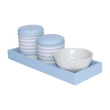 Imagem de Kit Higiene Slim Azul Capa Ondinha Azul Quarto Bebê Menino - Potinho d
