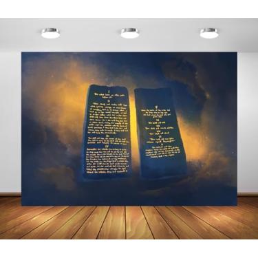 Imagem de BELECO Tecido de 4,6 x 3 m Ten Commandments Pano de fundo Dez Mandamentos Brilhando em Tabuletas de Pedra Azul Vintage Decálogo Lei Êxodo 20 Pano de Fundo Religioso Igreja Eventos Decoração Adereços