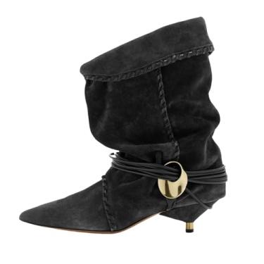 Imagem de UNWRBD Botas de cano médio retrô de camurça de inverno de 3 cm de tamanho grande com bico fino e salto alto com tiras, Cinza, US5.5 EU36