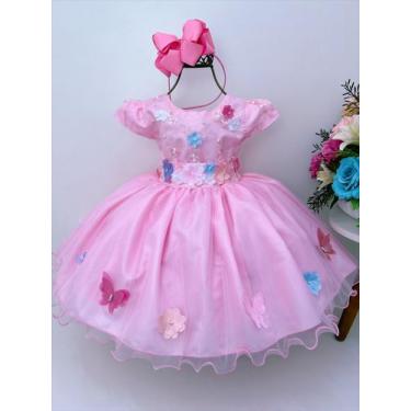 Imagem de Vestido infantil rosa renda aplique flores borboletas perolas - marie,
