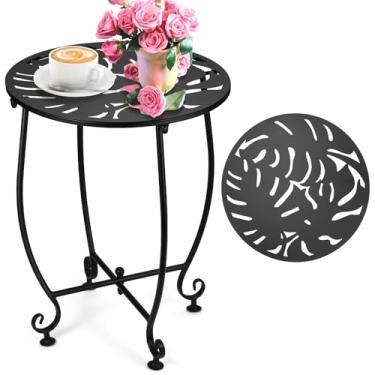 Imagem de Mesa lateral de metal externa de 35,5 cm, resistente ao clima, pequena mesa redonda para pátio, quintal, varanda, jardim - suporte externo para plantas (cor 1 - folha de tartaruga, preto)