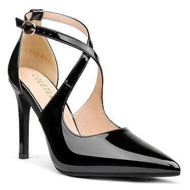 Imagem de COLETER Sapato social feminino de 10 cm bico fino D'Orsay salto alto salto alto cruzado tira no tornozelo, Preto, 36