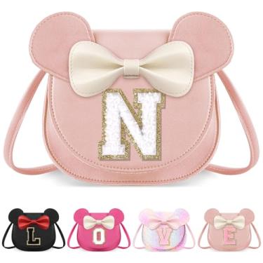 Imagem de izuzta Bolsa infantil para crianças 1 2 3 4 5 6 7 8 anos de idade bonito mouse orelha laço bolsa transversal presente de aniversário, Grande/bolsa rosa/letra branca, N, N