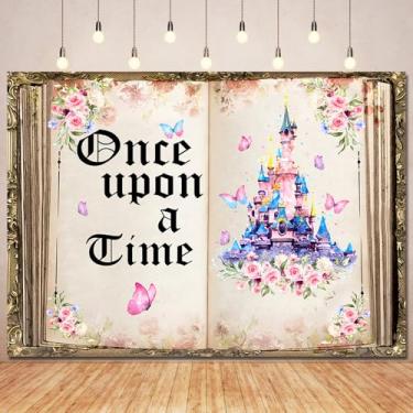 Imagem de Ayayiya Once Upon a Time Pano de fundo de princesa conto de fadas, decoração de aniversário, castelo de borboleta floral, rosa, retrô, livro de fadas, para meninas, 1º aniversário, faixa de festa de