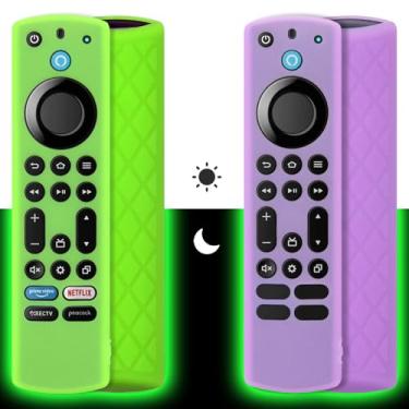 Imagem de Pinowu Capa remota de silicone (2 peças) para Fire TV Stick 4K Max/Insígnia/Pioneer/Omni Series Fire TV Alexa Voice Remote Enhanced com cordão (verde e roxo, ambos brilhantes)