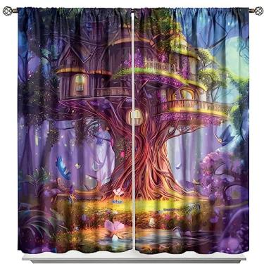 Imagem de Cortinas de árvore mágica, lanterna roxa piscando país das maravilhas floresta natural conto de fadas arte colorida blackout tratamentos de janela para sala de estar quarto 106 x 113 cm