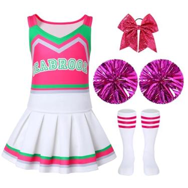 Imagem de ZapLute Kids Cheer Leader Costume Girls Halloween Cheerleading Off Sleeve Crop Top Skirt and Pom Poms Stocking Bowtie