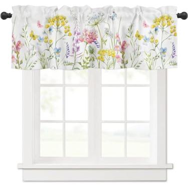 Imagem de Cortinas para janela de flores silvestres primavera aquarela flor floral tratamento de janela botânica cortina curta com bolso de haste para cozinha, sala de estar, banheiro, quarto, casa de fazenda,
