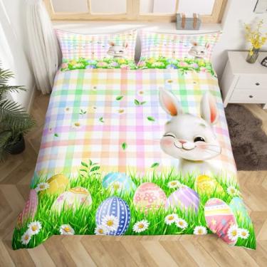 Imagem de Conjunto de capa de edredom infantil de desenho animado, tamanho Queen, ovo de páscoa, margarida, flores, primavera, decoração de quarto de meninas, meninos, grades geométricas, patchwork, capa de