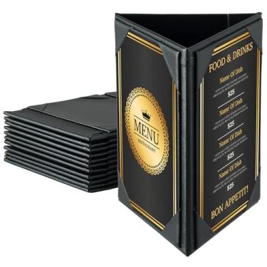 Imagem de FLKQC Capas de Menu para Barraca de Mesa com 12 Unidades | Porta-Retratos Triangular de 3 Lados Suporte de Menu de Couro com Cantos Angulares | Adequado para Restaurantes, Cafés, Bares(Preto, 4 "× 6")