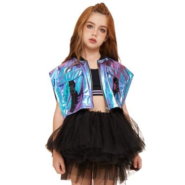 Imagem de Perfashion Colete feminino curto cargo jaqueta metálica fivela zíper com bolsos streetwear rave roupa 4-13 anos, Colete azul laser 13-425, 8-9 Anos