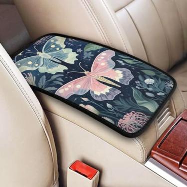 Imagem de indokyeyqaz Almofada para console central de carro universal, misteriosa verde rosa borboleta macia à prova d'água para console central de carro protetor de caixa de assento de braço para a maioria