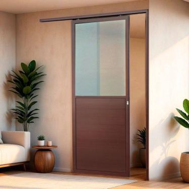 Imagem de Porta de Correr Suspensa 210cm X 80cm Meia Lambril Meia Vidro Esq L.25 Brimak Corten