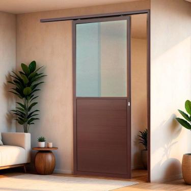 Imagem de Porta de Correr Suspensa 210cm X 80cm Meia Lambril Meia Vidro Esq L.25 Brimak Corten
