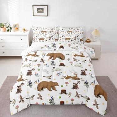 Imagem de Feelyou Conjunto de cama solteiro com urso, caça, veado, casa de fazenda, cogumelo, coelho, cabana de pássaro, branco, conjunto de edredom com 1 fronha