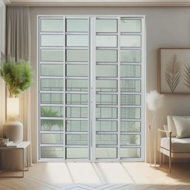 Imagem de Porta de Correr com Travessas 4 Folhas Moveis 210 X 200 Elite com Fecho Automático Vidro Liso