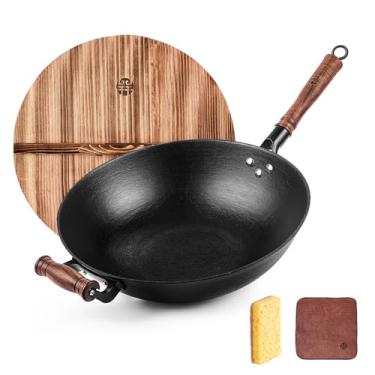 Imagem de WANGYUANJI Wok chinês de ferro fundido feito à mão com fundo redondo - 32 cm