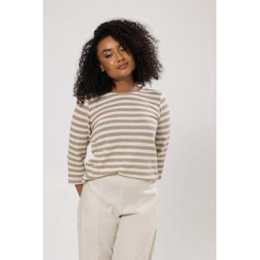 Imagem de Camiseta Com Manga ¾ Listrada Texturizada Off White Com Bege Em Algodã
