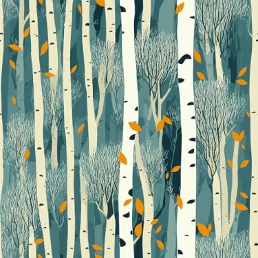 Imagem de MuralPeel Azul/Verde Arte Abstrata Árvore Floresta Branco Bétula Caindo Folha Amarela Papel de Parede Autoadesivo Removível Fácil de Descolar Contato Stick no Papel de Parede para Locatário de Armário