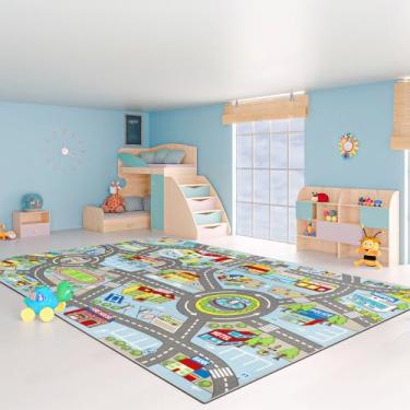 Imagem de Tapete infantil 1,80 m x 2,8 m Tapete de área de vida urbana carro mapa da cidade lavável trânsito estrada educacional tapete de berçário para crianças sala de estar, quarto, sala de aula, decoração