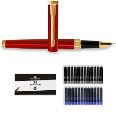 Imagem de Dryden Designs Caneta-Tinteiro Vermelha Ponta Fina - Inclui 24 Cartuchos de Tinta - 12 Pretos e 12 Azuis com Conversor de Recarga de Tinta