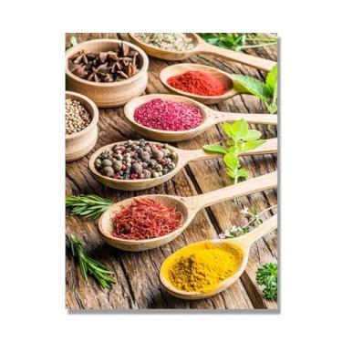 Imagem de Arte de parede colorida em tela para especiarias e colher de tempero | Decoração de cozinha vintage | Arte moderna para casa e sala de jantar (especiarias mistas 14). 80 x 105 cm - 31,5 x 41,3 pol sem