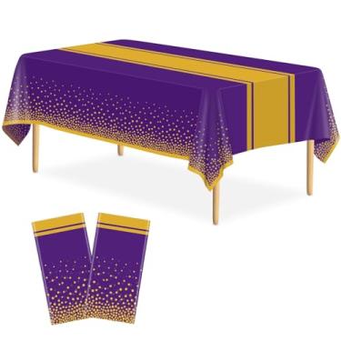 Imagem de LIKAJON Pacote com 2 toalhas de mesa roxas e douradas, decoração de festa, toalha de mesa de plástico roxa, estampada, dourada, 137 x 272 cm, capa de mesa retangular descartável para aniversário