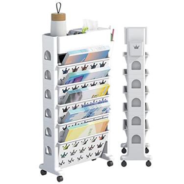 Imagem de Estante móvel para sala de aula, organizador de armazenamento de mesa com rodas giratórias, carrinho de armazenamento fino para livros, suporte de leitura de biblioteca, suporte de revistas, suporte