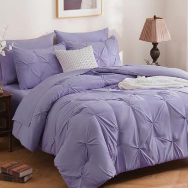 Imagem de DOWNCOOL Conjunto de edredom casal, 7 peças, lavanda, roxo, cama pintuck em uma bolsa, conjunto de cama casal com pregas de aperto, microfibra macia para todas as estações, com lençóis, fronhas e