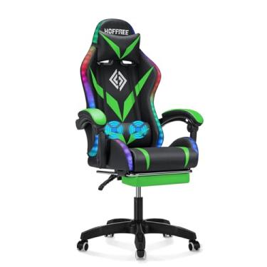 Imagem de Cadeira RGB para jogos com luzes LED e massagem ergonômica para computador com apoio para os pés, cadeira de videogame com encosto alto, suporte lombar ajustável, apoio de braço verde e preto