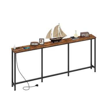 Imagem de CHOEZON Mesa de console estreita de 180 cm com tomada elétrica de 18 cm, mesa de sofá longa atrás com estação de carregamento, mesa de entrada para corredor, sala de estar rústica marrom e preto