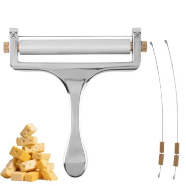 Imagem de Cortador de queijo, cortador de queijo de aço inoxidável com 2 peças de substituição de arame, fatia ajustável, alça confortável, bloco de manteiga, descascador, faca de barbear para mussarela