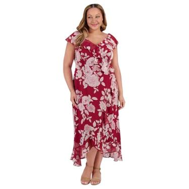 Imagem de London Times Vestido longo feminino de chiffon com babados e babados para convidadas de casamento, Vinho/branco macio, 50